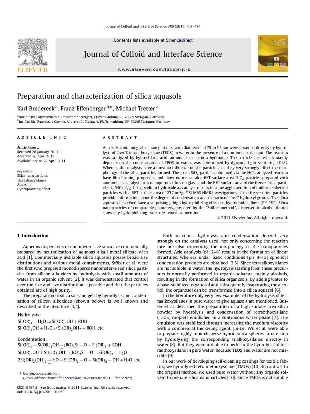 Preparation and characterization of silica aquasols