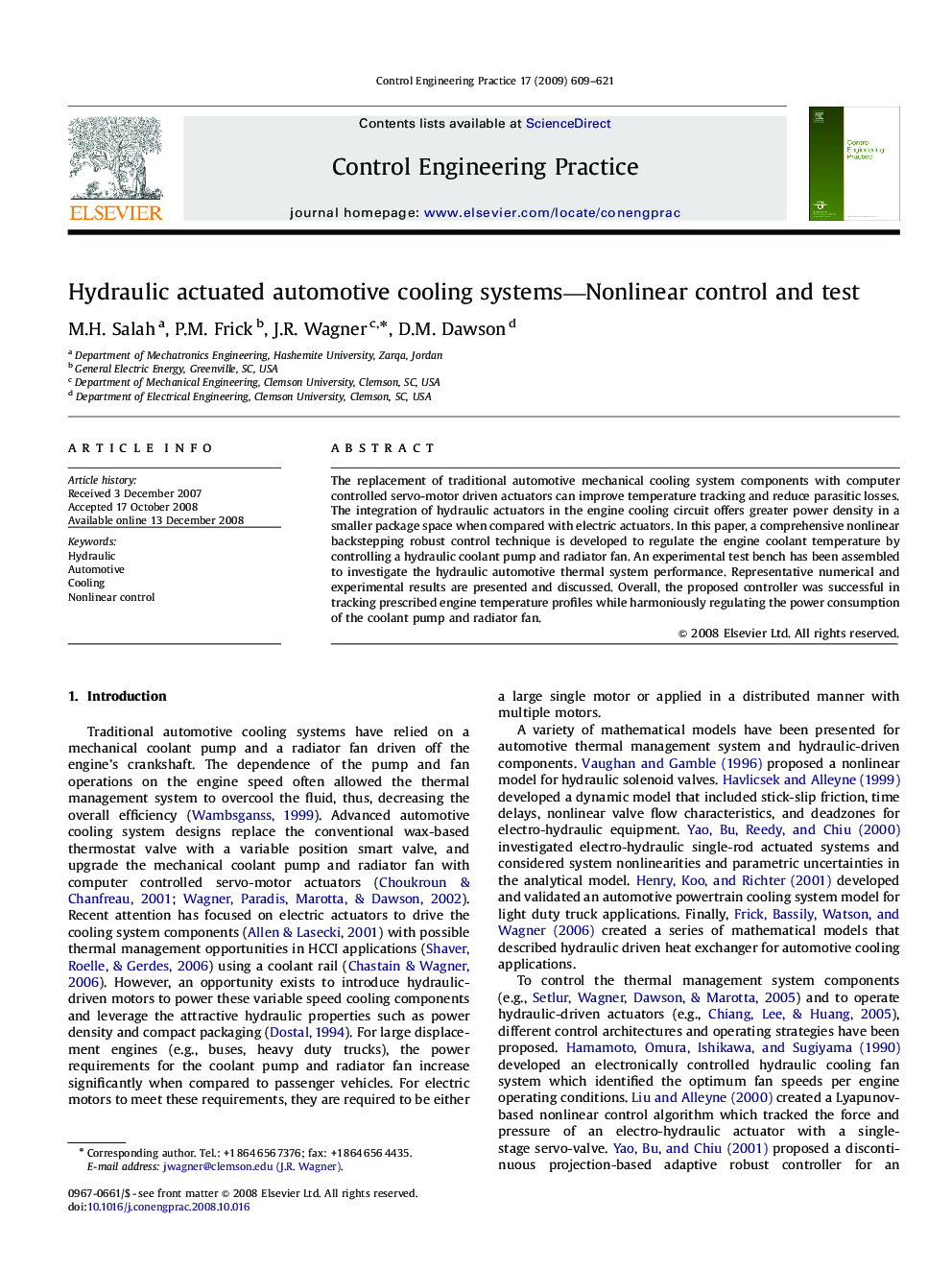 Hydraulic actuated automotive cooling systems—Nonlinear control and test