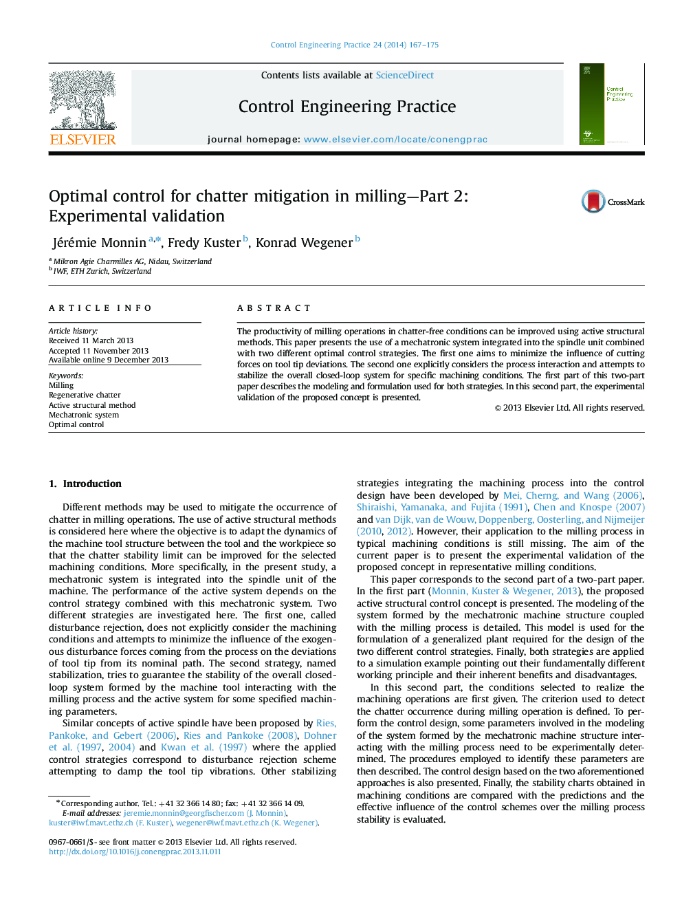 Optimal control for chatter mitigation in milling—Part 2: Experimental validation