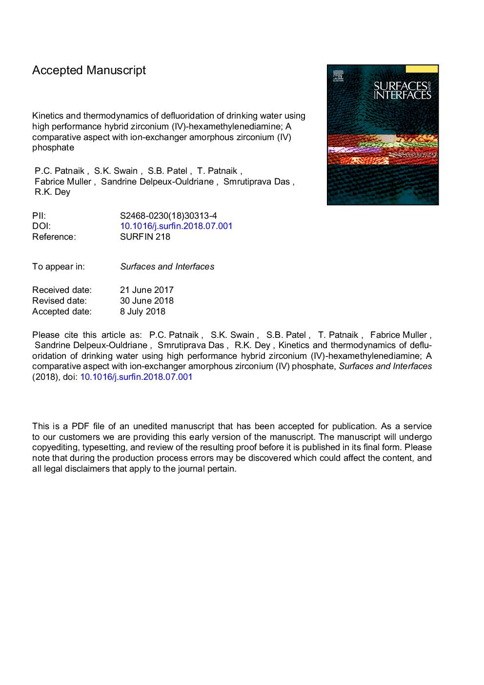 Kinetics and thermodynamics of defluoridation of drinking water using high performance hybrid zirconium (IV)-hexamethylenediamine: A comparative aspect with ion-exchanger amorphous zirconium (IV) phosphate