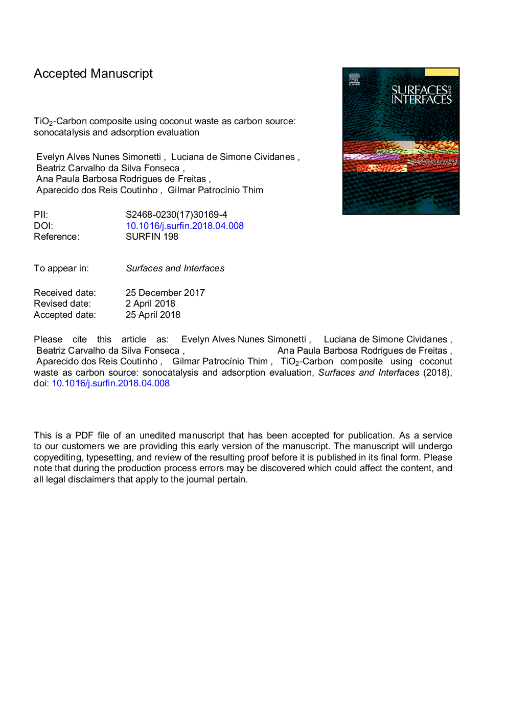 TiO2Carbon composite using coconut waste as carbon source: Sonocatalysis and adsorption evaluation