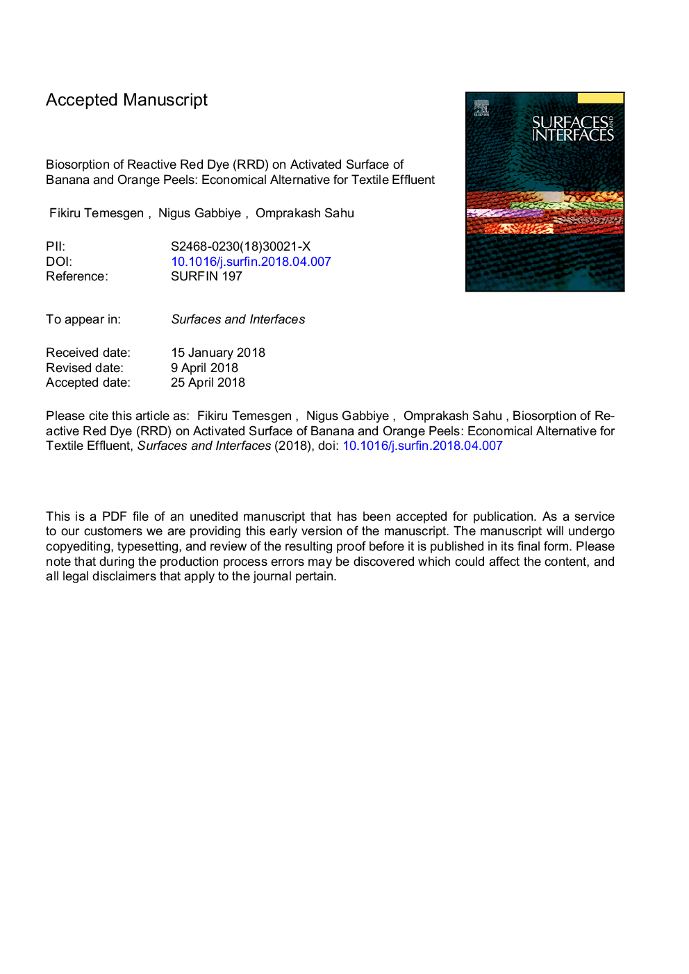 Biosorption of reactive red dye (RRD) on activated surface of banana and orange peels: Economical alternative for textile effluent