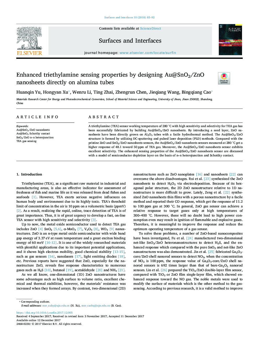 Enhanced triethylamine sensing properties by designing Au@SnO2/ZnO nanosheets directly on alumina tubes