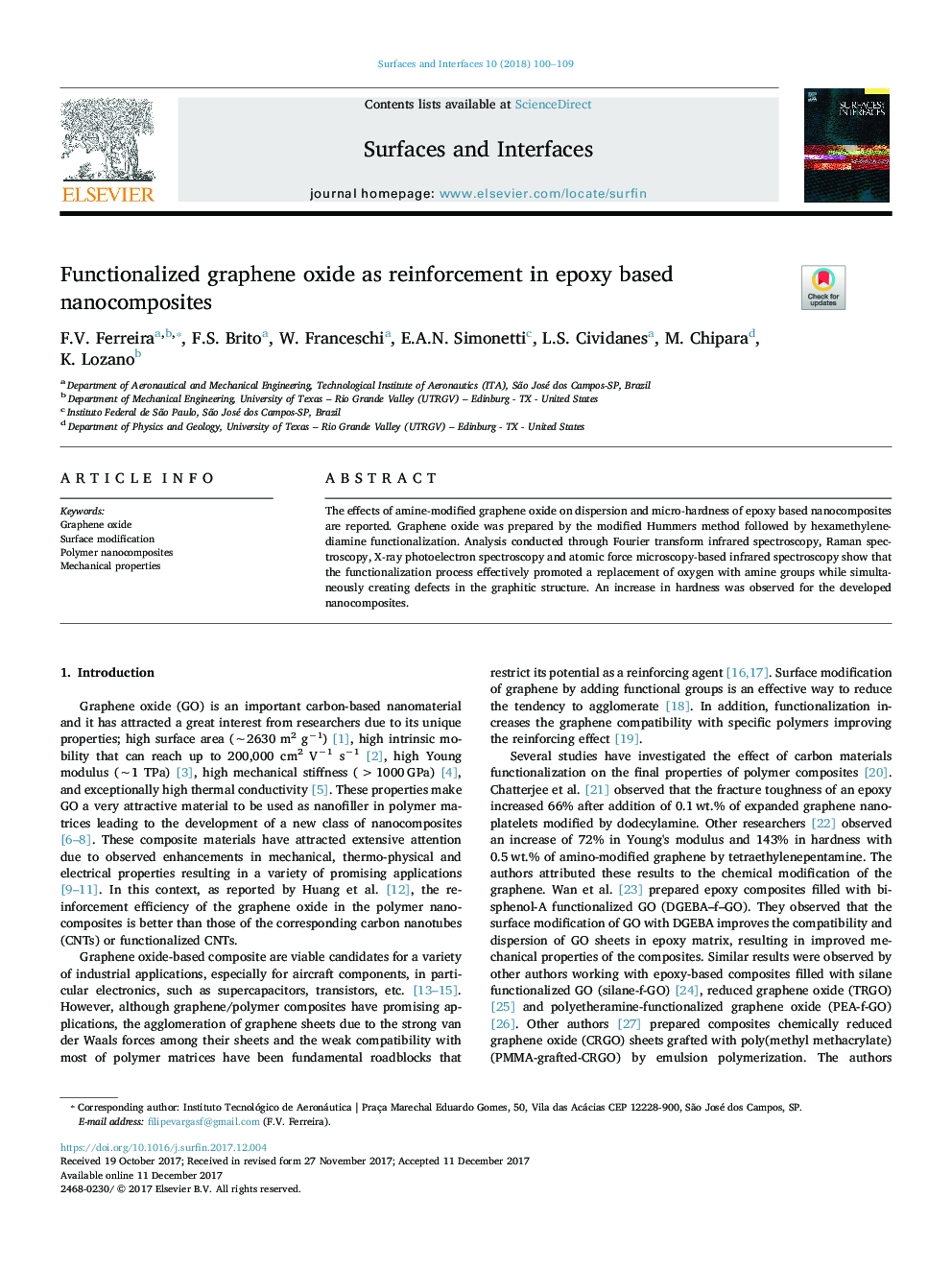 Functionalized graphene oxide as reinforcement in epoxy based nanocomposites