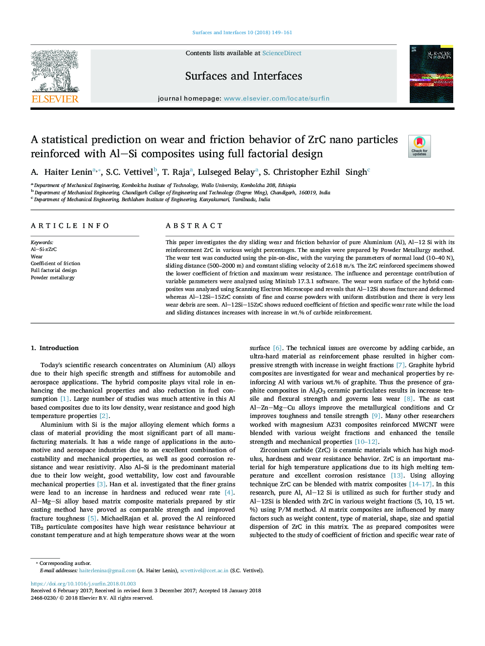 A statistical prediction on wear and friction behavior of ZrC nano particles reinforced with AlSi composites using full factorial design