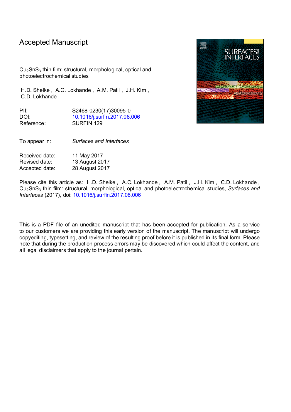 Cu2SnS3 thin film: Structural, morphological, optical and photoelectrochemical studies