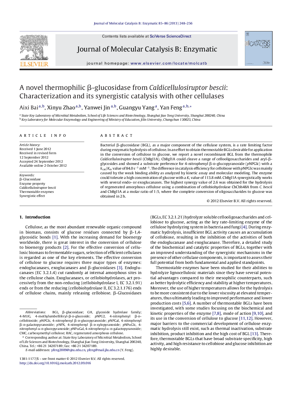 عکس صفحه اول مقاله: A novel thermophilic β-glucosidase from Caldicellulosiruptor bescii: Characterization and its synergistic catalysis with other cellulases A novel thermophilic β-glucosidase from Caldicellulosiruptor bescii: Characterization and its synergistic catalysis with other cellulases