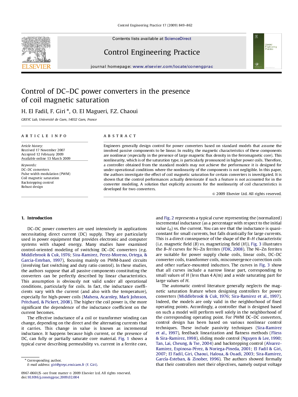 Control of DC–DC power converters in the presence of coil magnetic saturation