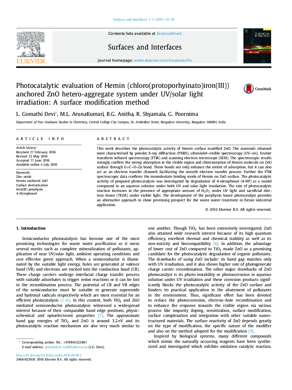 Photocatalytic evaluation of Hemin (chloro(protoporhyinato)iron(III)) anchored ZnO hetero-aggregate system under UV/solar light irradiation: A surface modification method