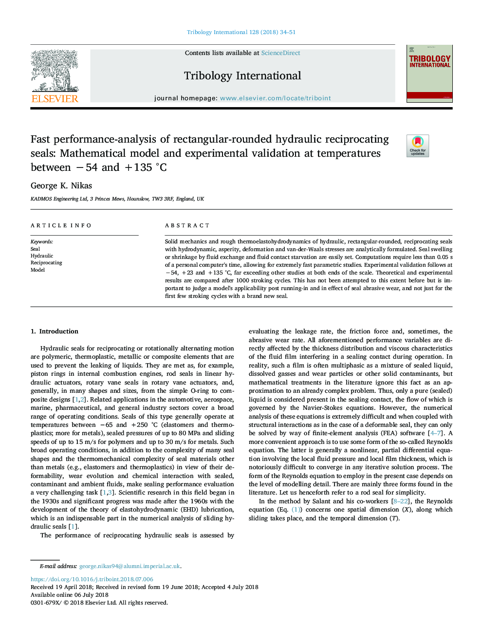 Fast performance-analysis of rectangular-rounded hydraulic reciprocating seals: Mathematical model and experimental validation at temperatures between â54 and +135Â Â°C