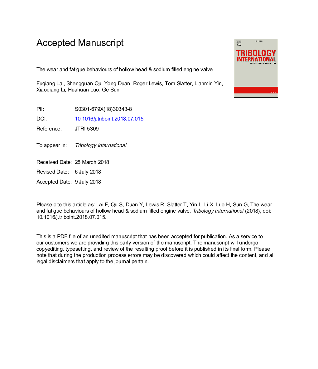 The wear and fatigue behaviours of hollow head & sodium filled engine valve