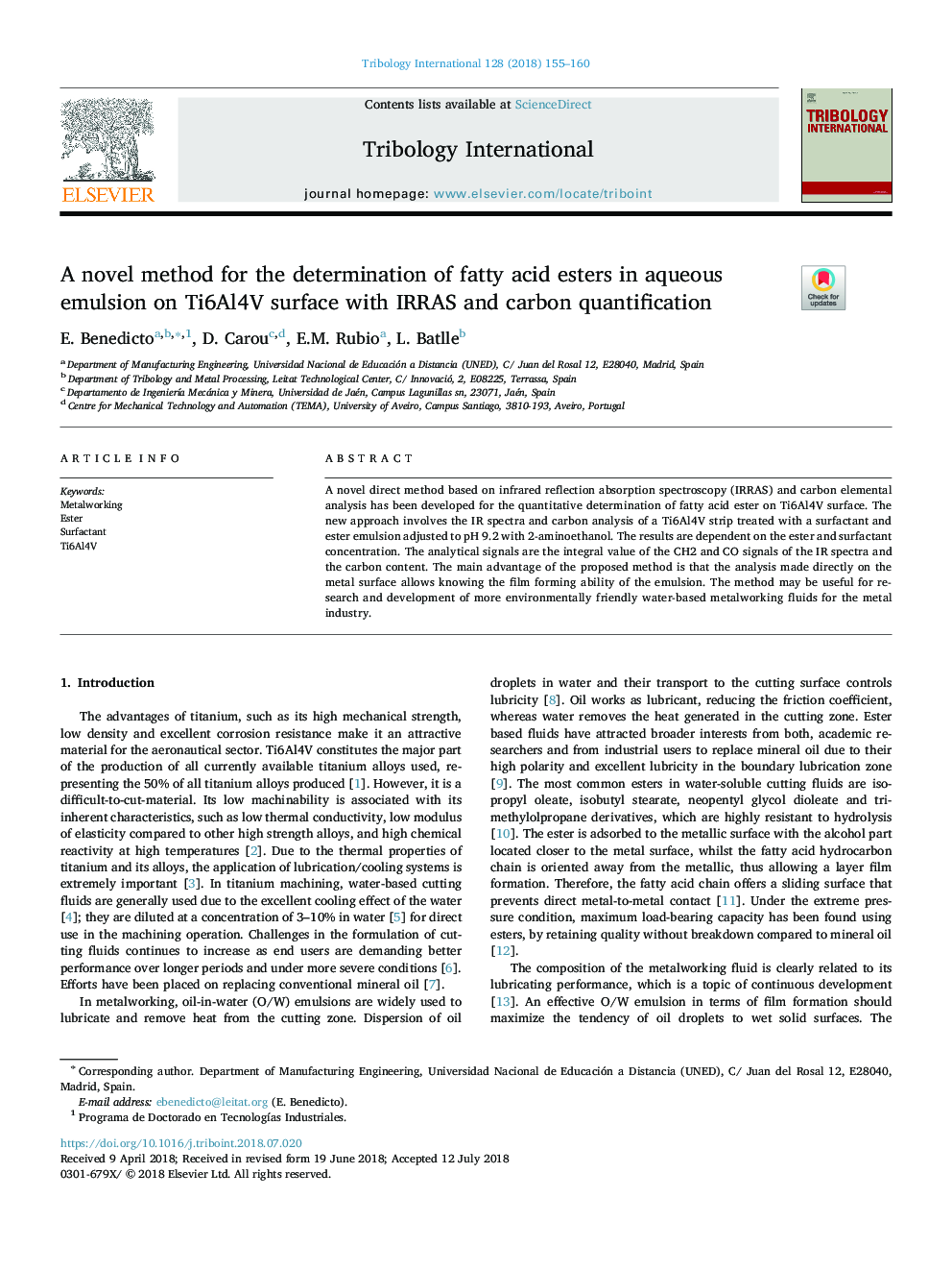 A novel method for the determination of fatty acid esters in aqueous emulsion on Ti6Al4V surface with IRRAS and carbon quantification