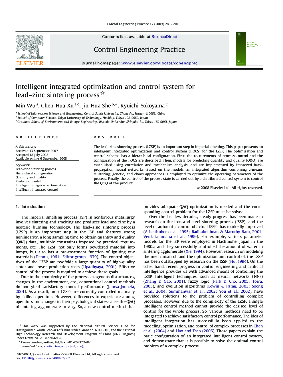 Intelligent integrated optimization and control system for lead–zinc sintering process 