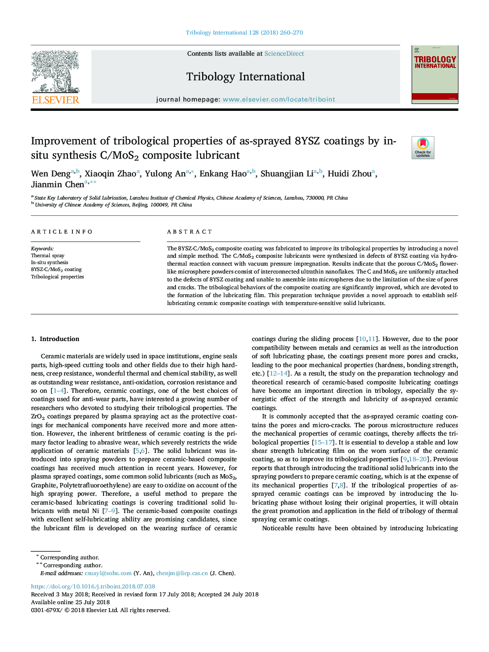 Improvement of tribological properties of as-sprayed 8YSZ coatings by in-situ synthesis C/MoS2 composite lubricant