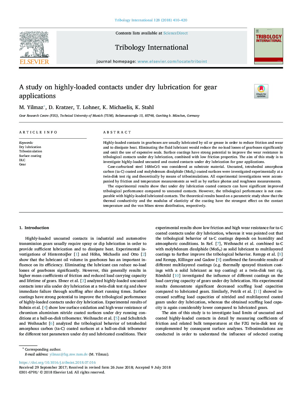 A study on highly-loaded contacts under dry lubrication for gear applications