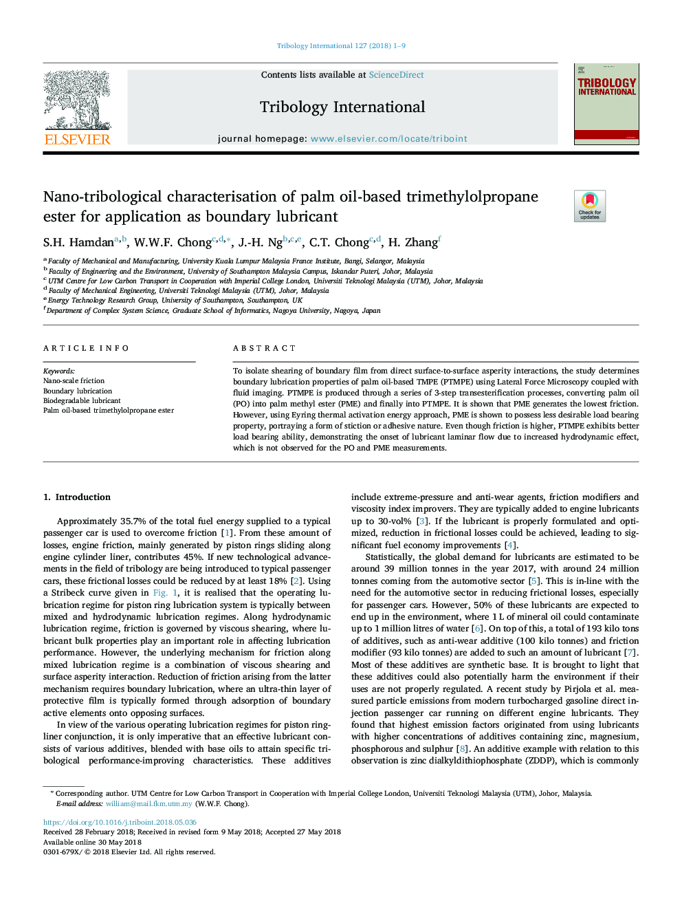 Nano-tribological characterisation of palm oil-based trimethylolpropane ester for application as boundary lubricant