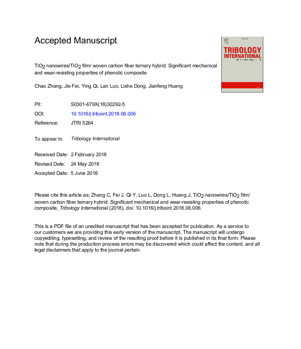 عکس صفحه اول مقاله: TiO2 nanowires/TiO2 film/ woven carbon fiber ternary hybrid: Significant mechanical and wear-resisting properties of phenolic composite TiO2 nanowires/TiO2 film/ woven carbon fiber ternary hybrid: Significant mechanical and wear-resisting properties of phenolic composite