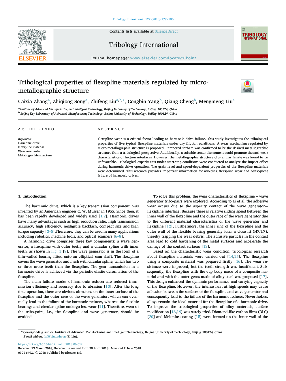 Tribological properties of flexspline materials regulated by micro-metallographic structure