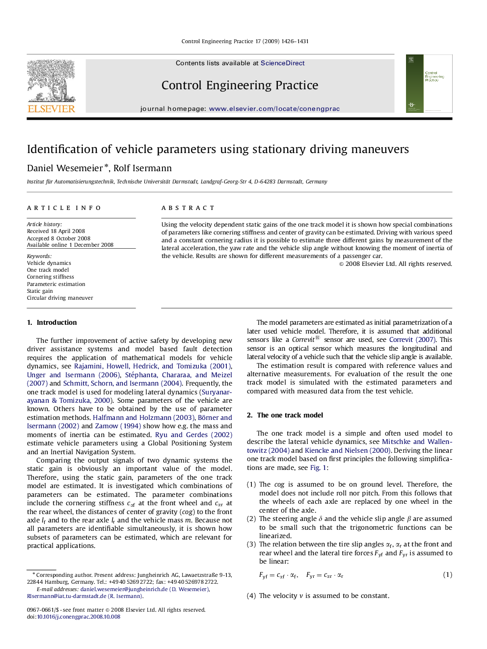 Identification of vehicle parameters using stationary driving maneuvers