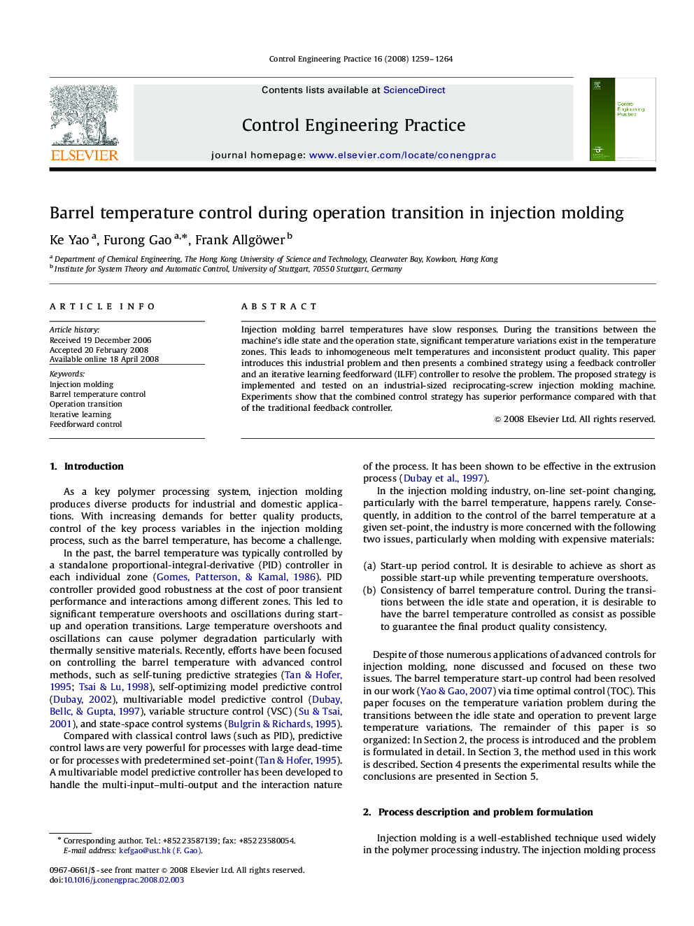 Barrel temperature control during operation transition in injection molding