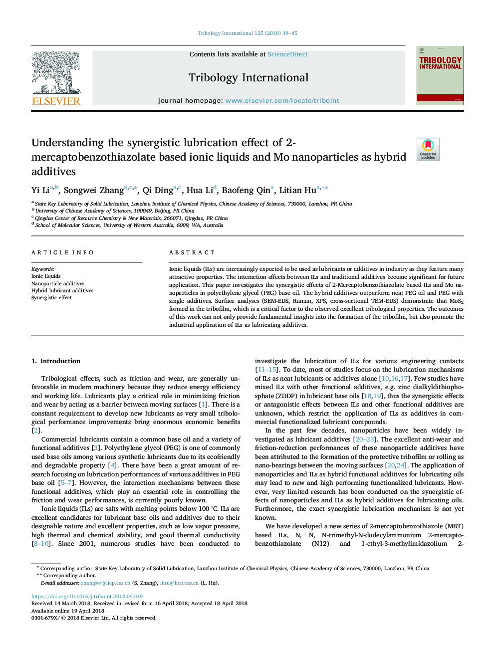 Understanding the synergistic lubrication effect of 2-mercaptobenzothiazolate based ionic liquids and Mo nanoparticles as hybrid additives