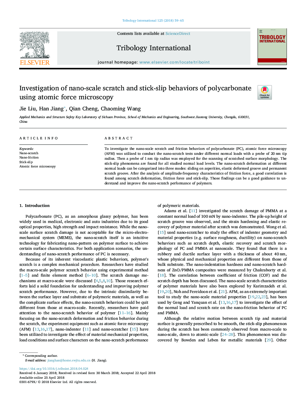 Investigation of nano-scale scratch and stick-slip behaviors of polycarbonate using atomic force microscopy