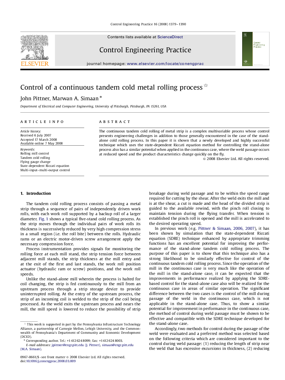 Control of a continuous tandem cold metal rolling process 