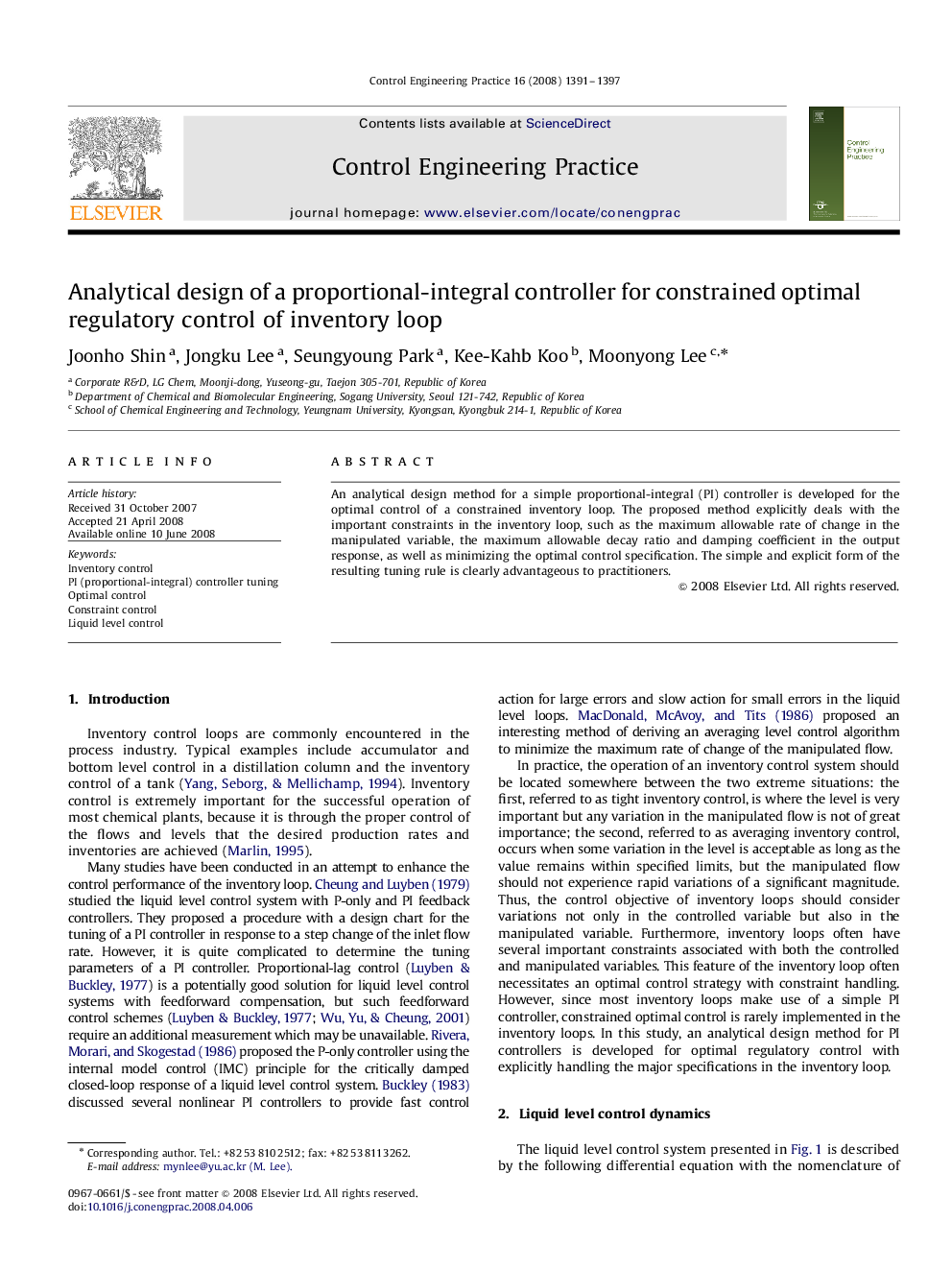 Analytical design of a proportional-integral controller for constrained optimal regulatory control of inventory loop