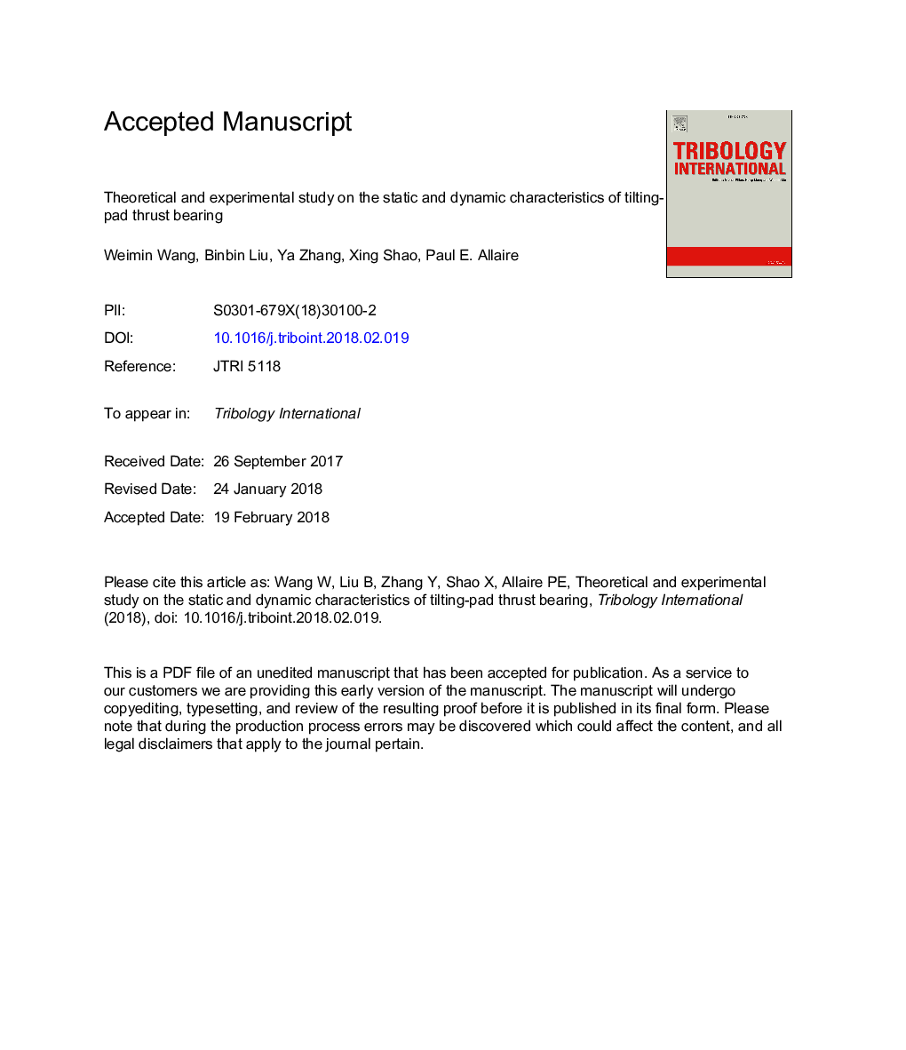 Theoretical and experimental study on the static and dynamic characteristics of tilting-pad thrust bearing