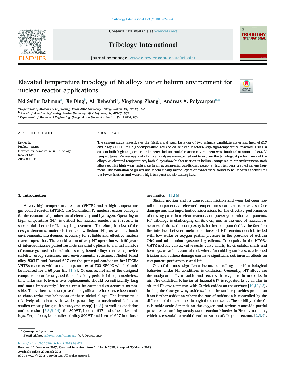 Elevated temperature tribology of Ni alloys under helium environment for nuclear reactor applications