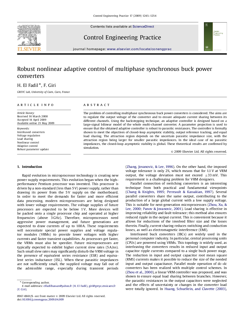 Robust nonlinear adaptive control of multiphase synchronous buck power converters