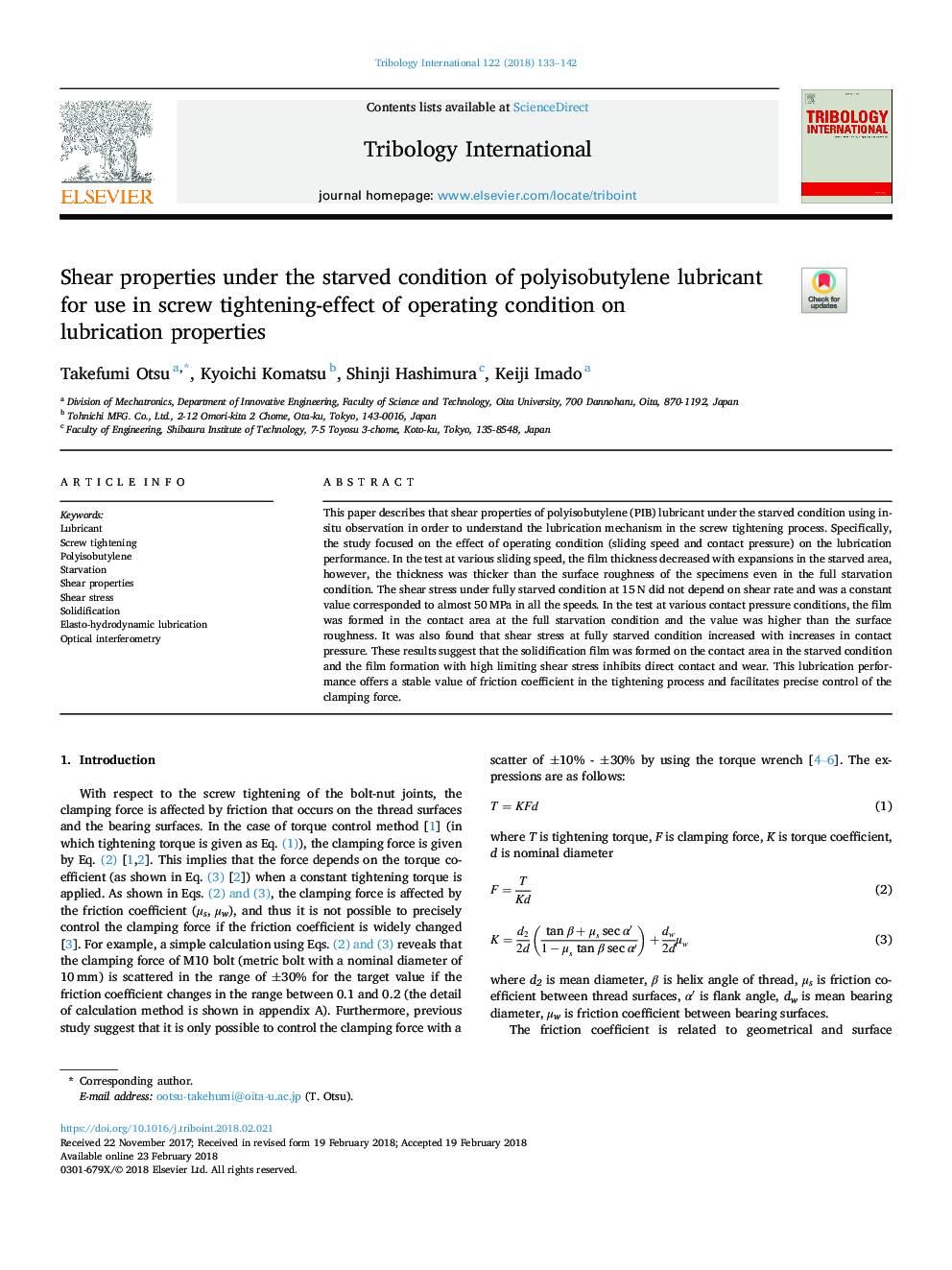 Shear properties under the starved condition of polyisobutylene lubricant for use in screw tightening-effect of operating condition on lubrication properties
