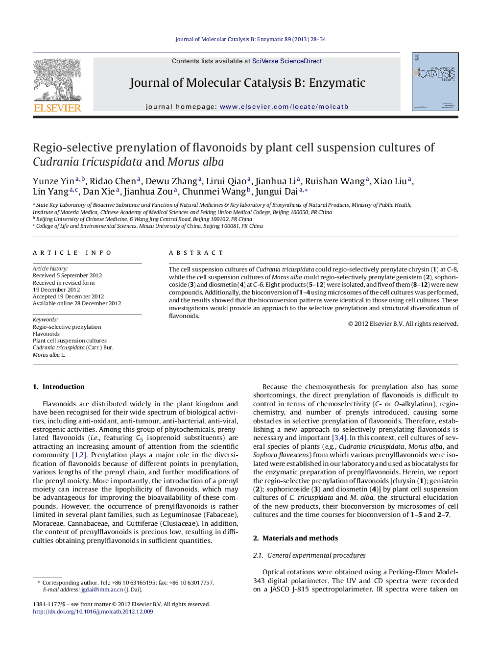 Regio-selective prenylation of flavonoids by plant cell suspension cultures of Cudrania tricuspidata and Morus alba