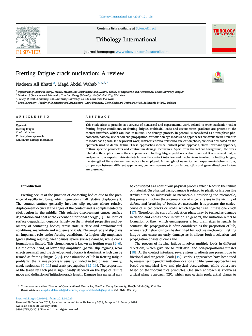 Fretting fatigue crack nucleation: A review