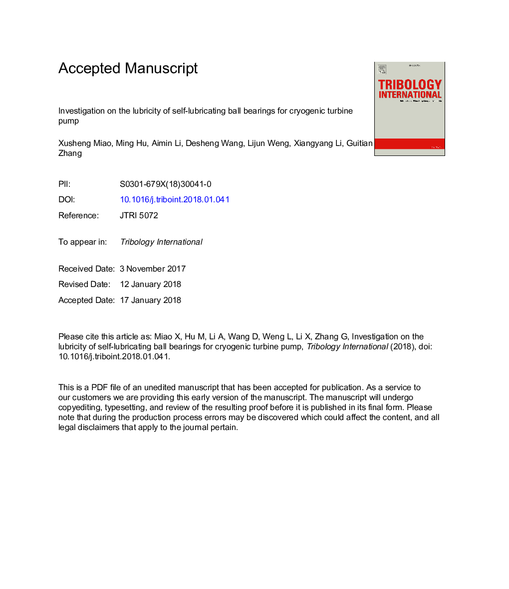 Investigation on the lubricity of self-lubricating ball bearings for cryogenic turbine pump