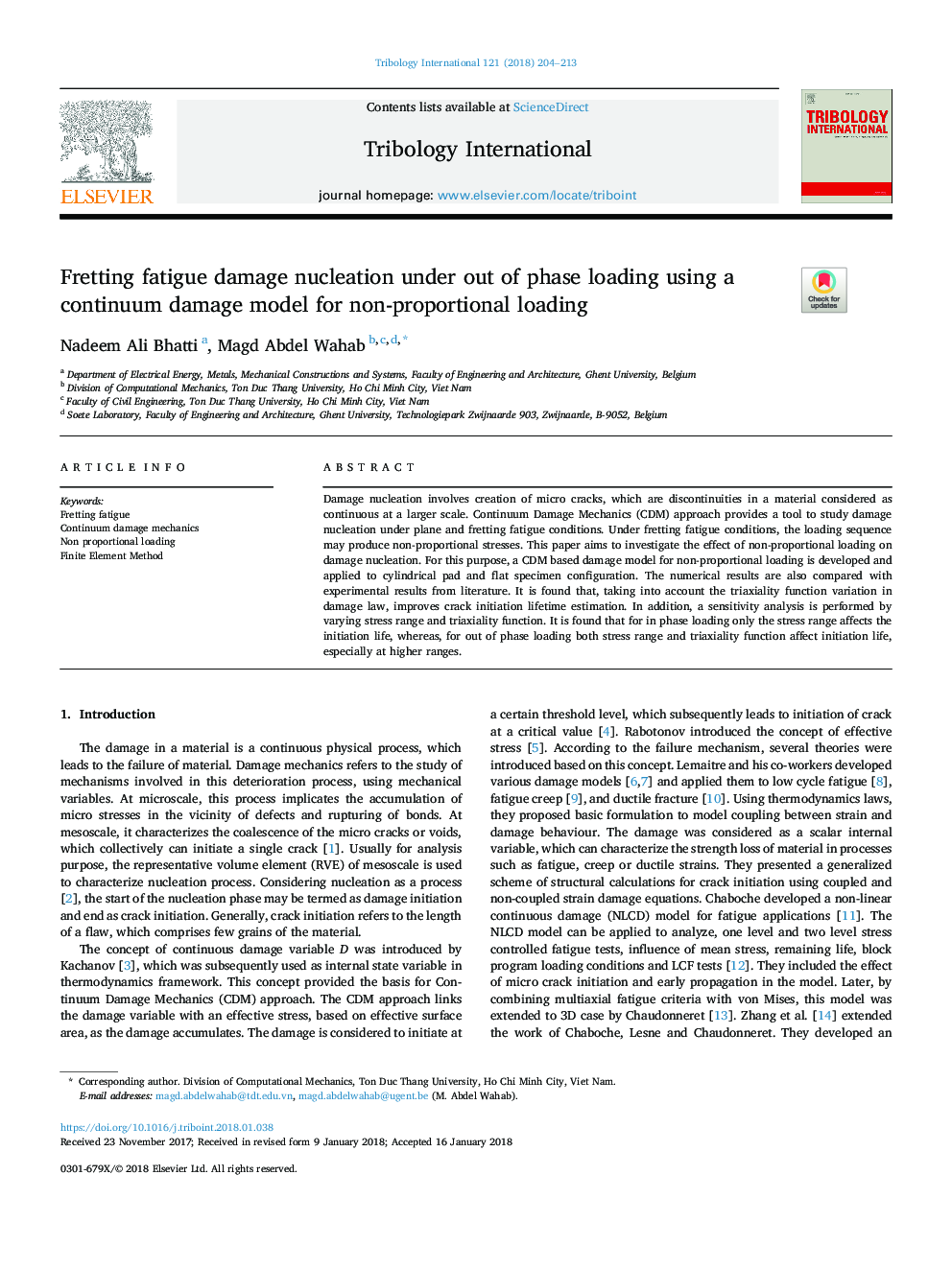 Fretting fatigue damage nucleation under out of phase loading using a continuum damage model for non-proportional loading