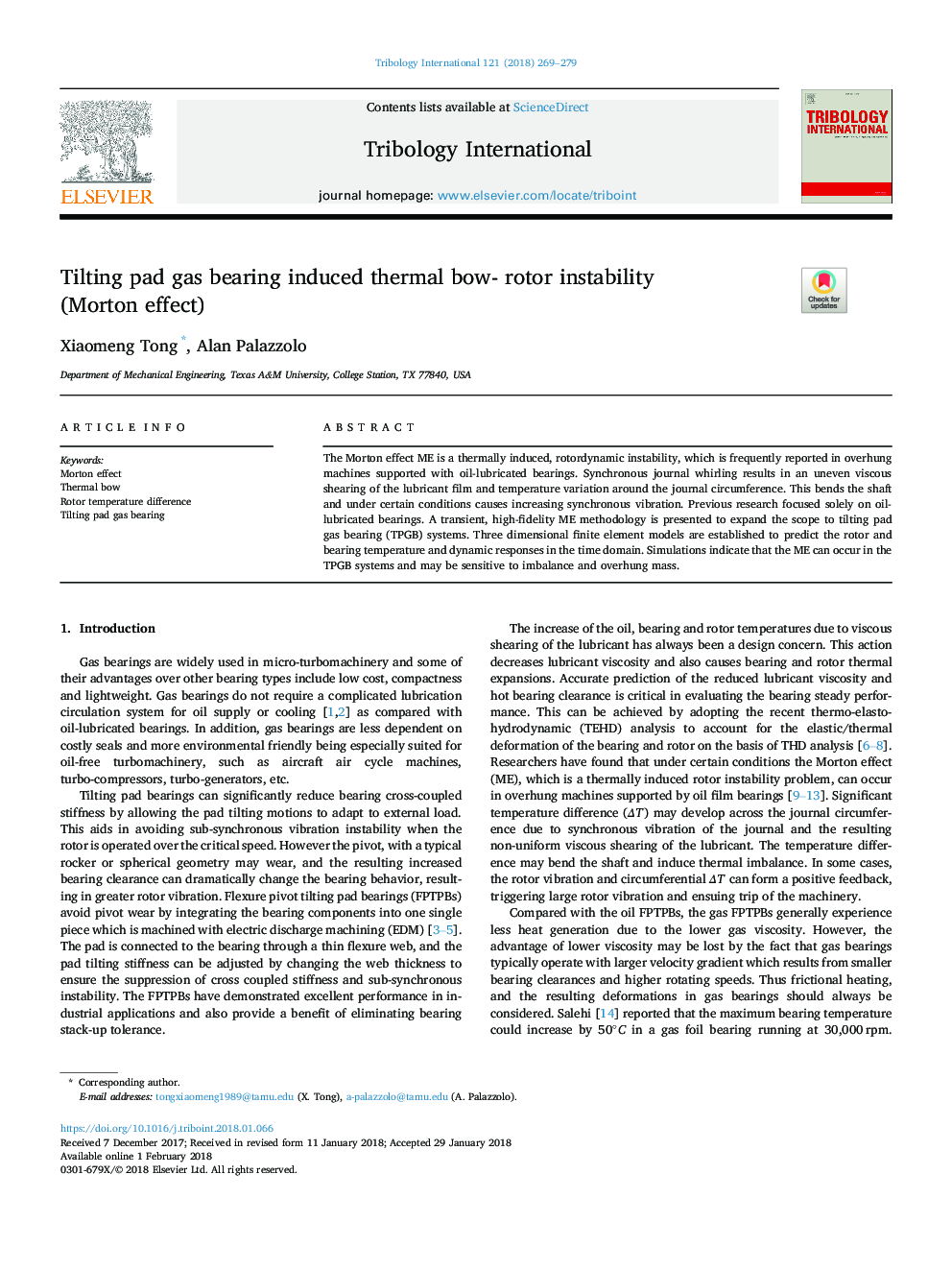 Tilting pad gas bearing induced thermal bow- rotor instability (Morton effect)