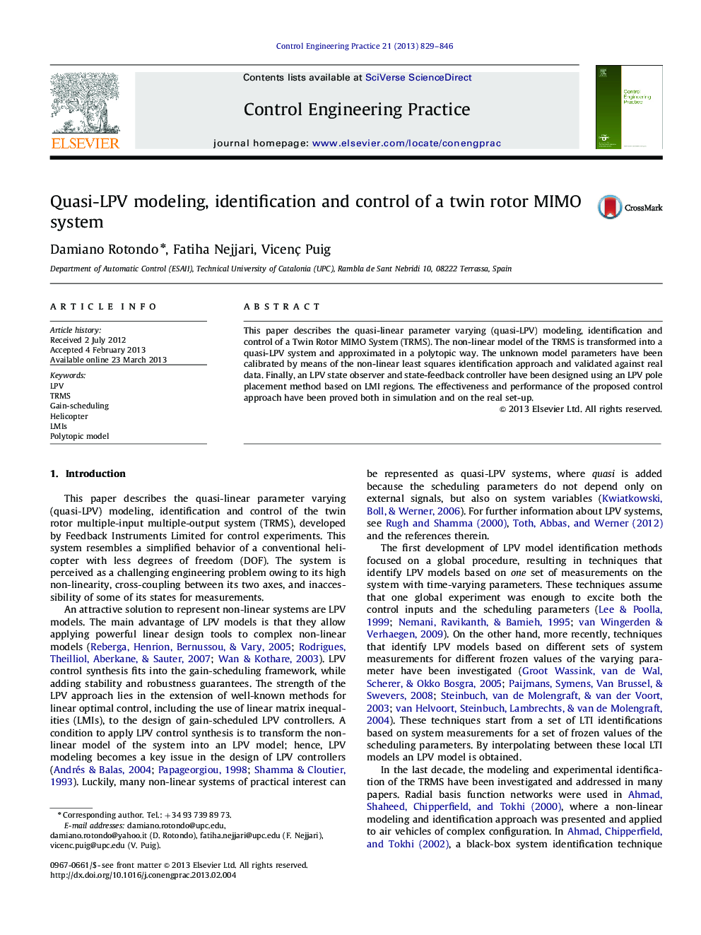 Quasi-LPV modeling, identification and control of a twin rotor MIMO system