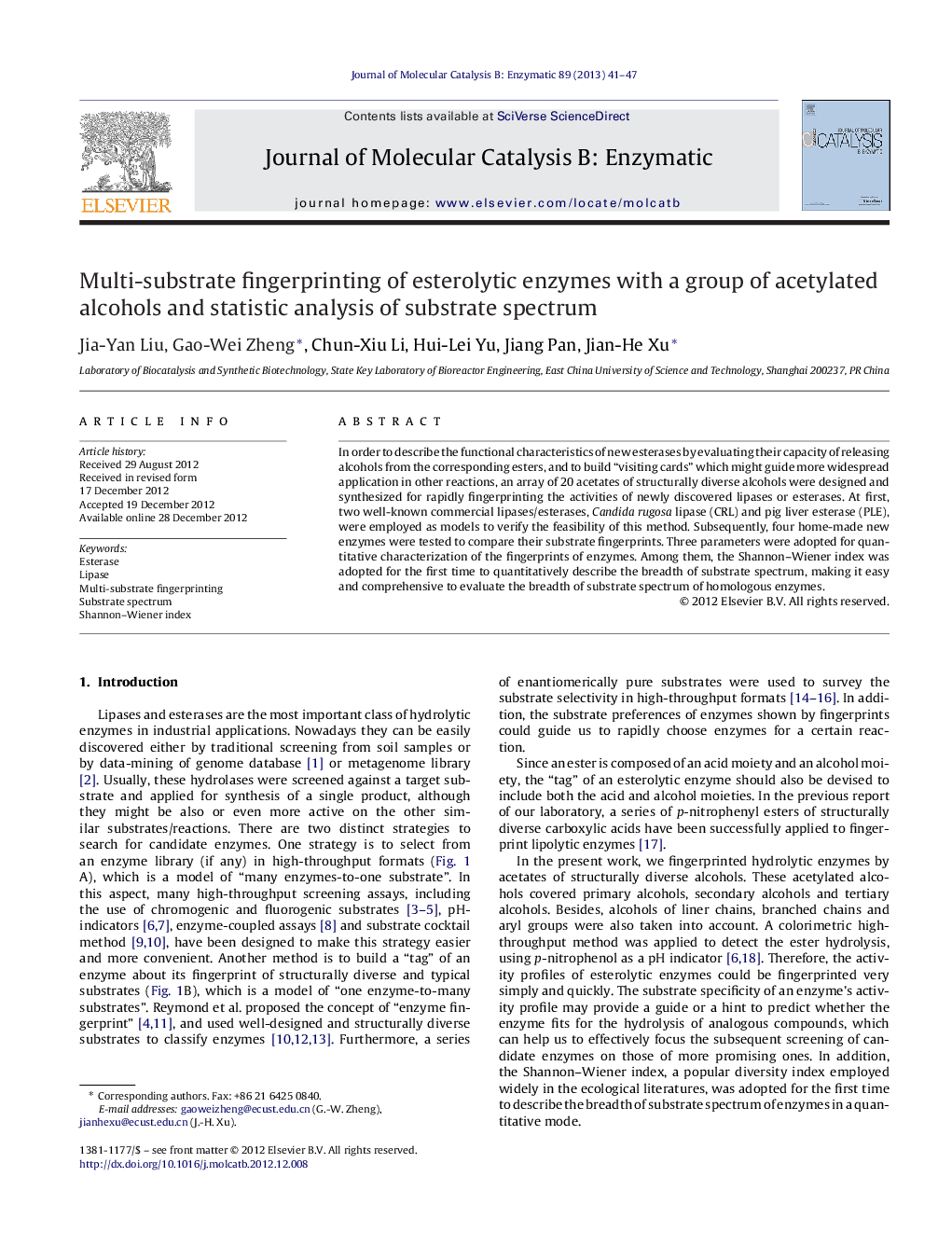 Multi-substrate fingerprinting of esterolytic enzymes with a group of acetylated alcohols and statistic analysis of substrate spectrum