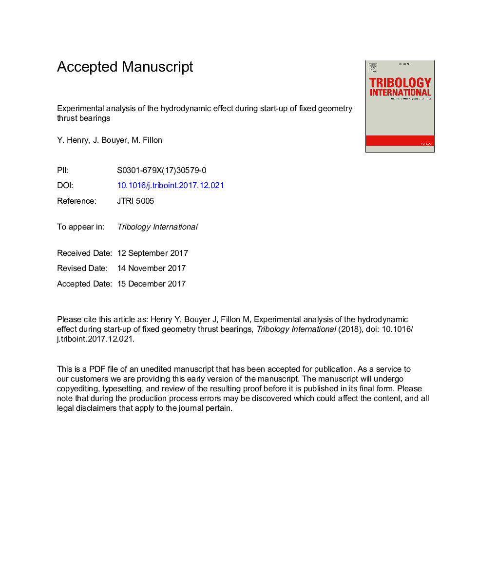 Experimental analysis of the hydrodynamic effect during start-up of fixed geometry thrust bearings