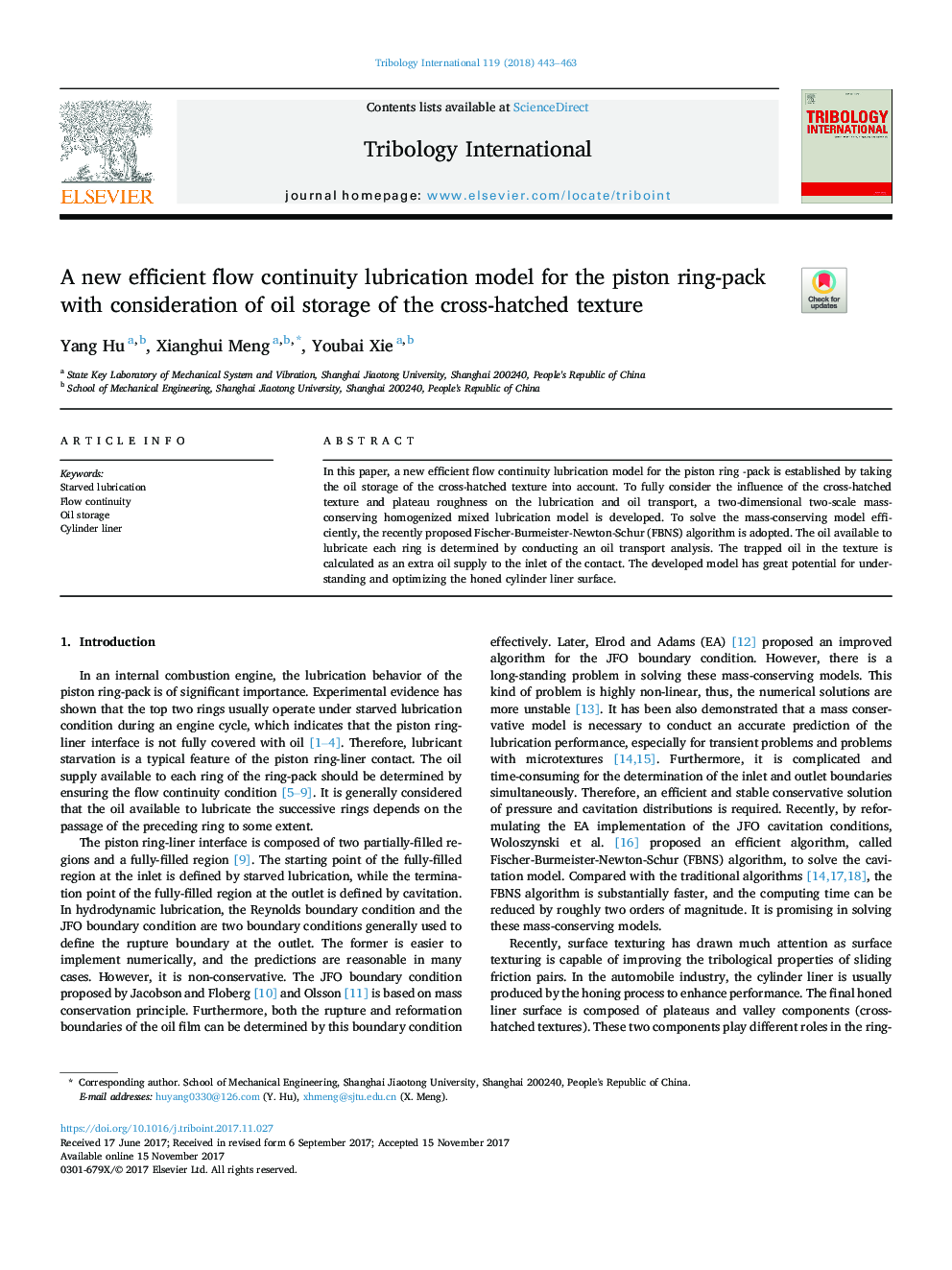 A new efficient flow continuity lubrication model for the piston ring-pack with consideration of oil storage of the cross-hatched texture