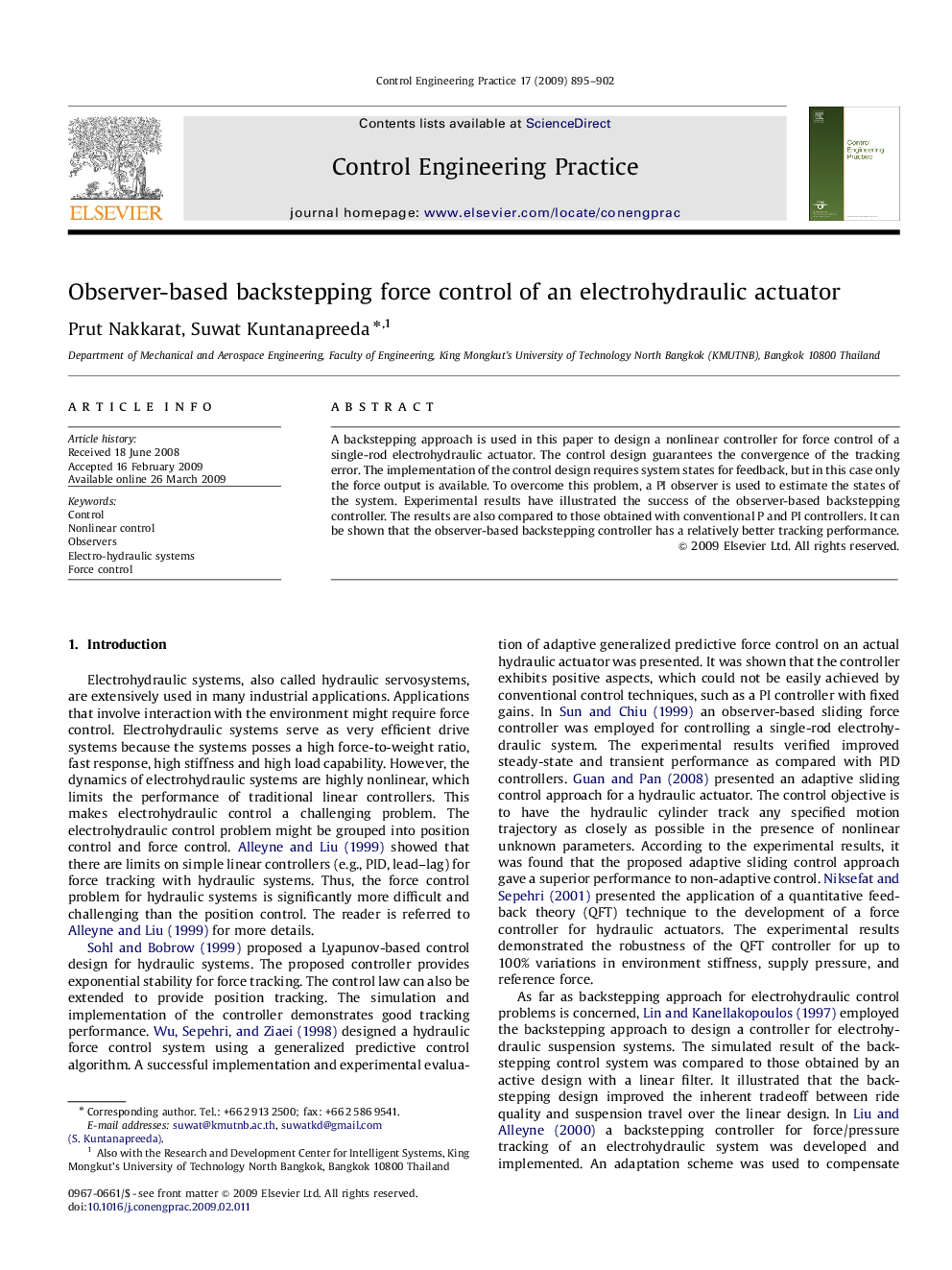 Observer-based backstepping force control of an electrohydraulic actuator