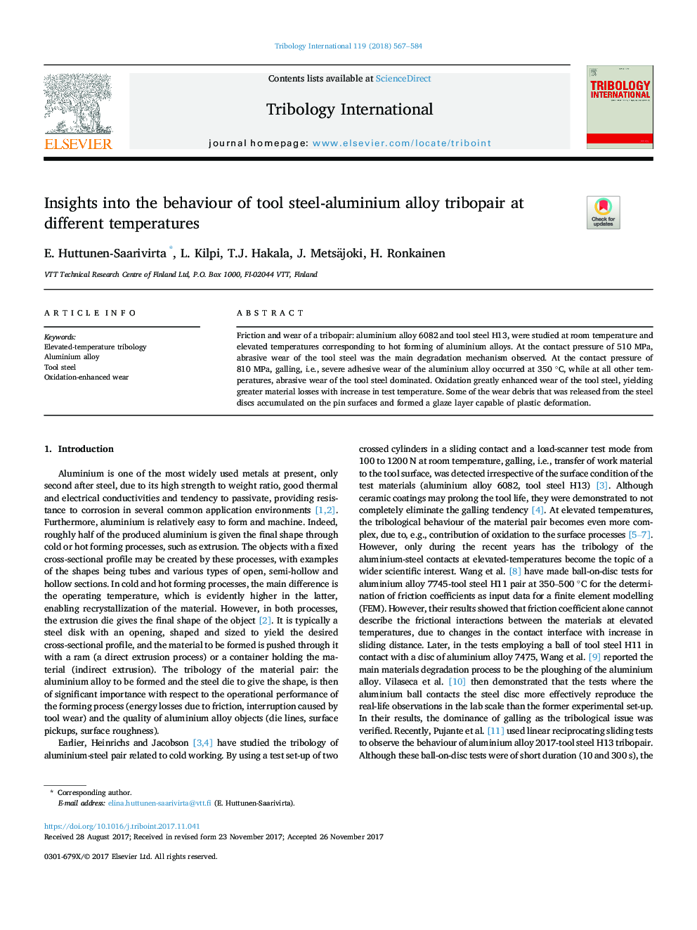 Insights into the behaviour of tool steel-aluminium alloy tribopair at different temperatures