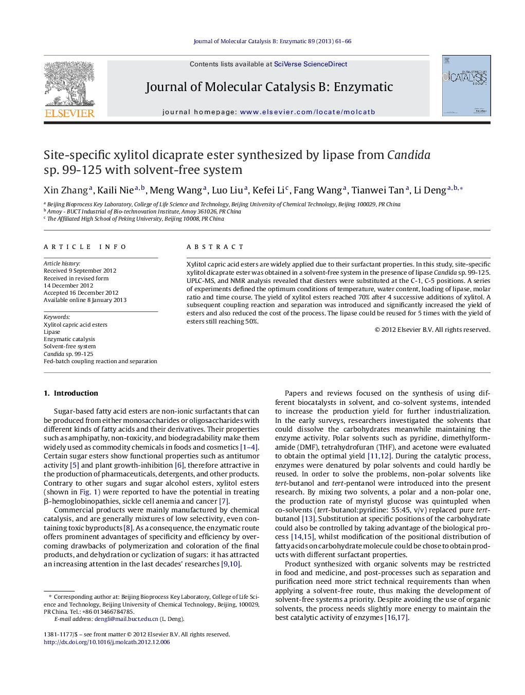 Site-specific xylitol dicaprate ester synthesized by lipase from Candida sp. 99-125 with solvent-free system