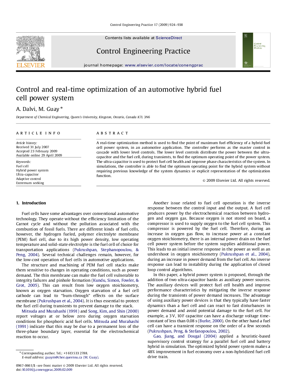 Control and real-time optimization of an automotive hybrid fuel cell power system