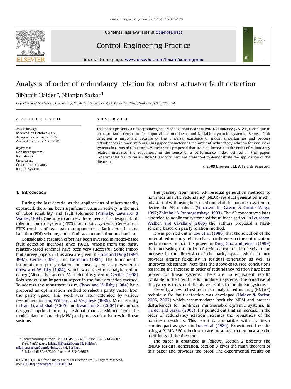 Analysis of order of redundancy relation for robust actuator fault detection