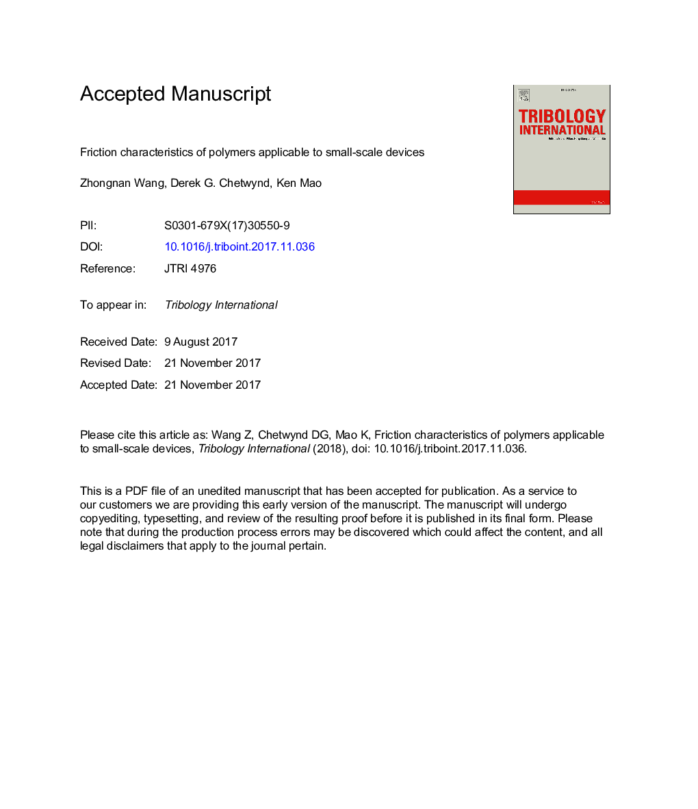 Friction characteristics of polymers applicable to small-scale devices