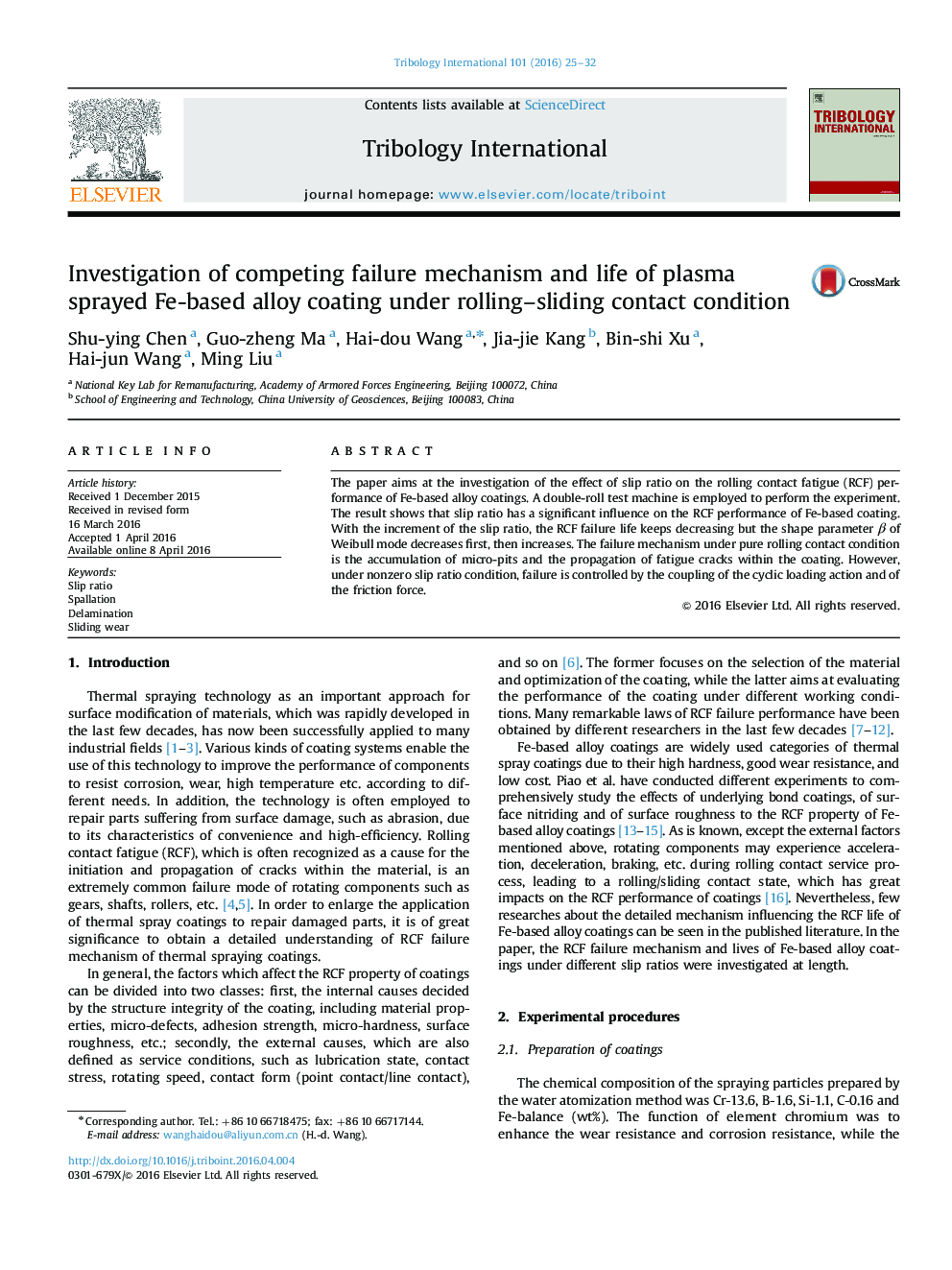 Investigation of competing failure mechanism and life of plasma sprayed Fe-based alloy coating under rolling-sliding contact condition