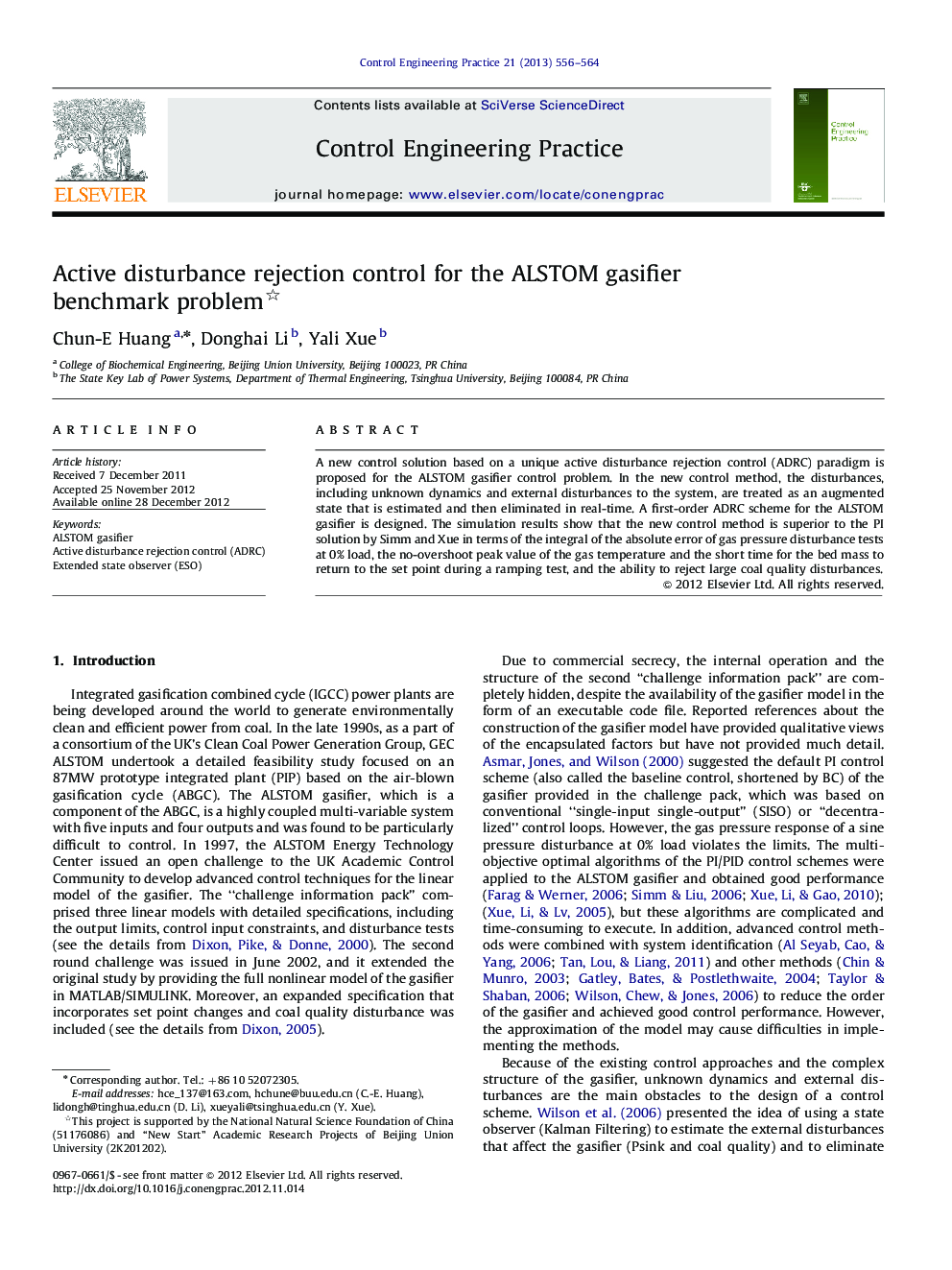 Active disturbance rejection control for the ALSTOM gasifier benchmark problem 