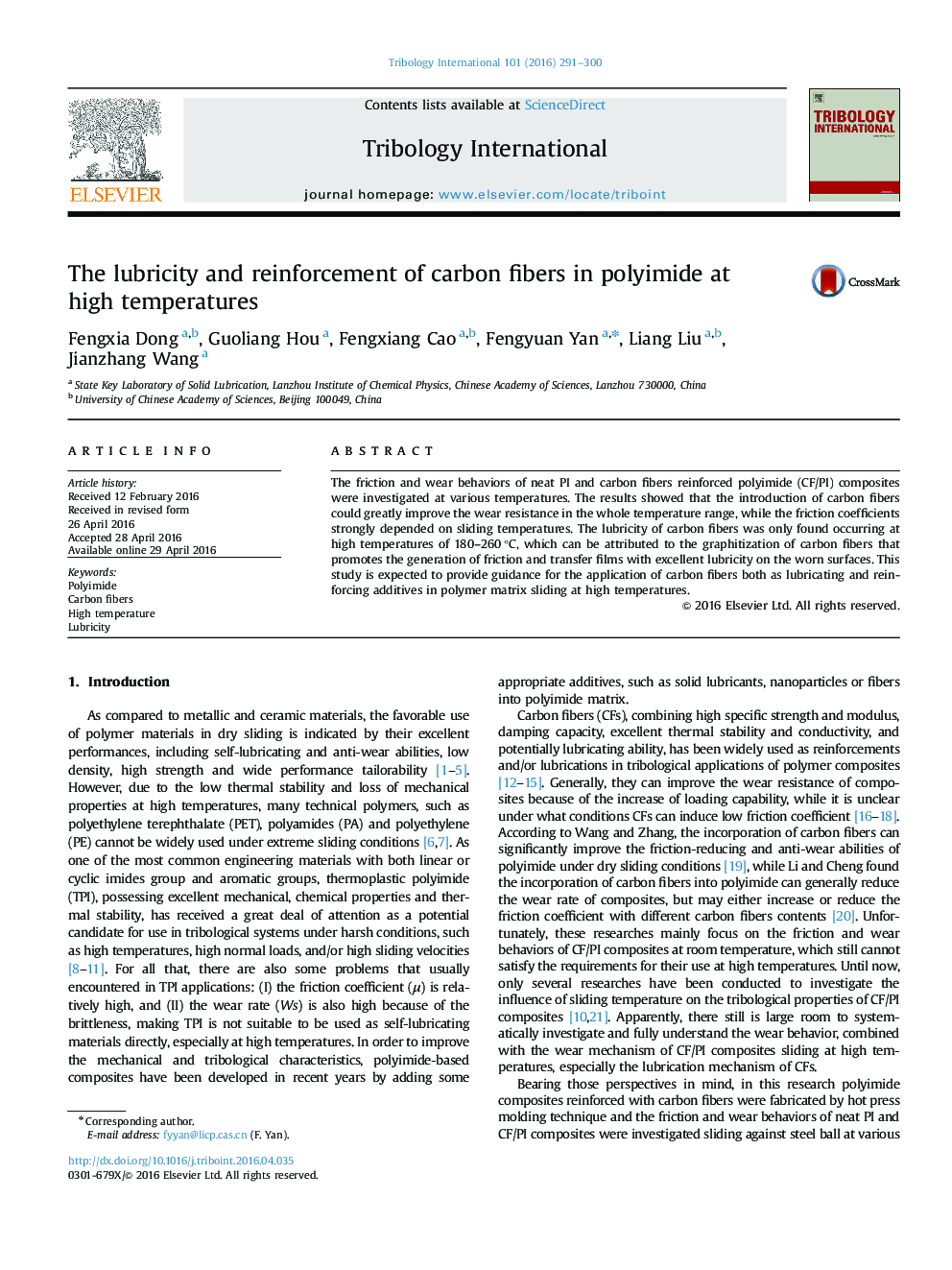 The lubricity and reinforcement of carbon fibers in polyimide at high temperatures